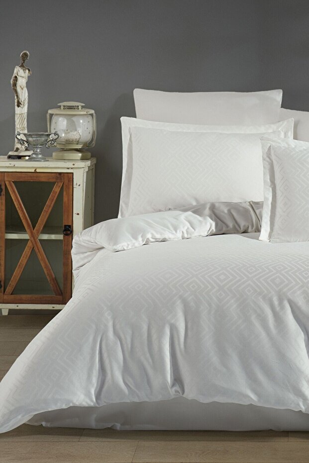 Jacquard & Satin Double Duvet Cover Set - 100% Cotton - Dowry & Luxury Duvet Cover - Metis-Cream