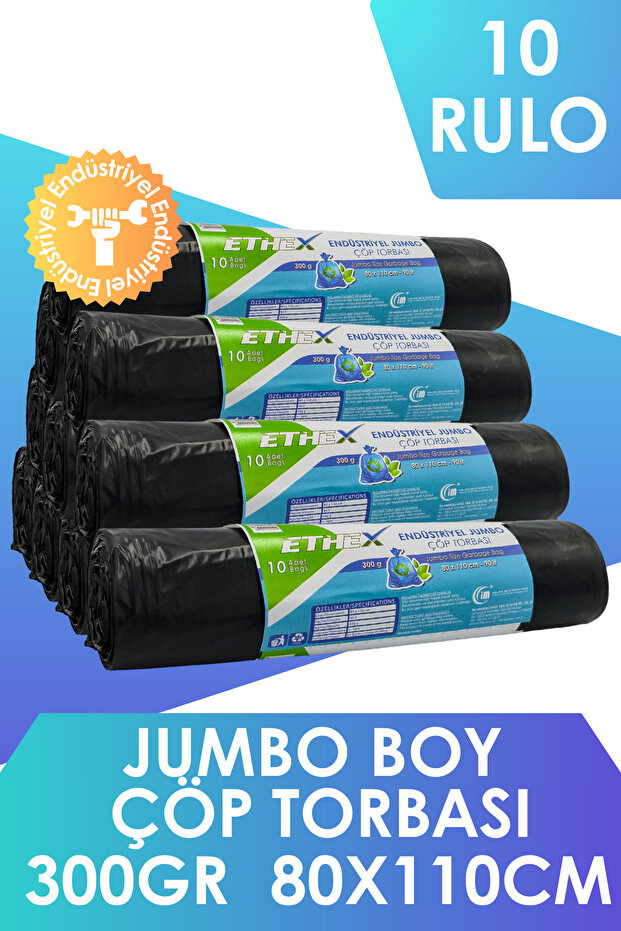 Endüstriyel Jumbo Boy Çöp Torbası/poşeti (10 ADET 300GR 80 X 110CM 90LT SİYAH 10 RULO) - 1