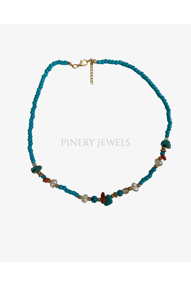 White Heart Summer Women's Necklace with Blue Beads
