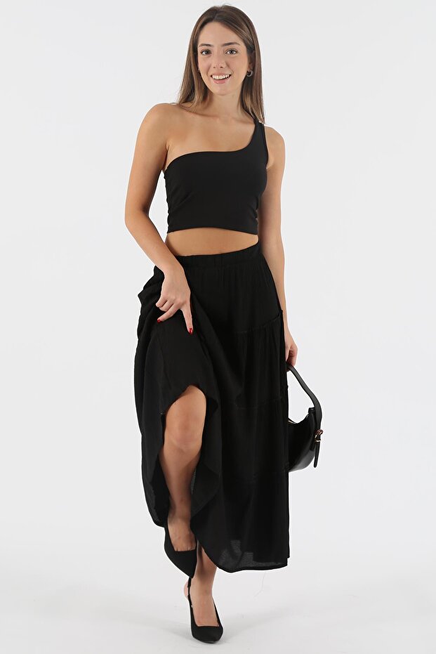 تنورة سوداء أساسية طويلة مطوي SH159 - 7