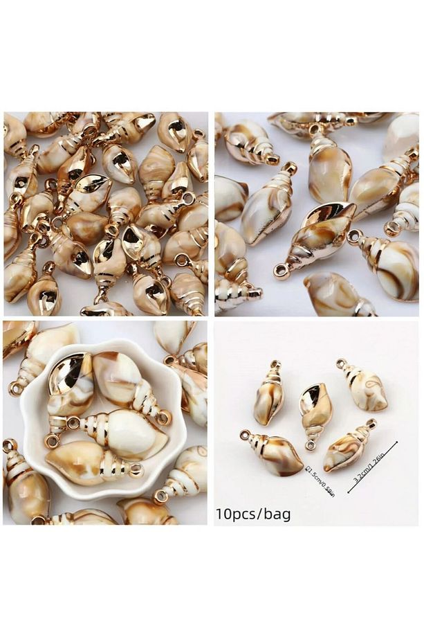 ( 10 X Adet ) 1 Set Gold Edge Deniz Kabuğu Süsü Bileklik & Küpe & Kolye - 4