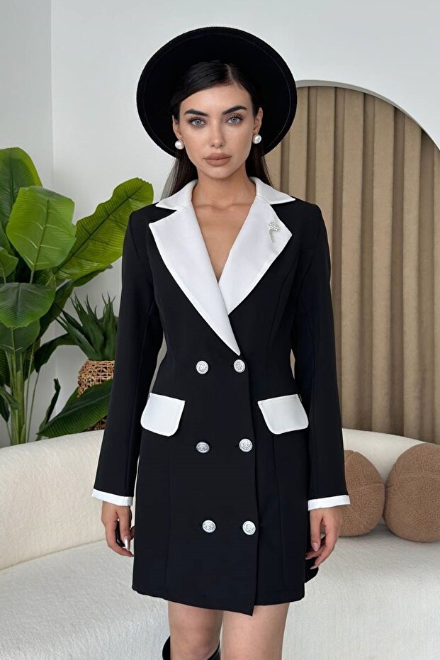 Μαύρο μίνι βραδινό φόρεμα - μακρυμάνικο με λαιμόκοψη σακάκι, κουμπιά και λεπτομέρεια τσέπης 276 - 4