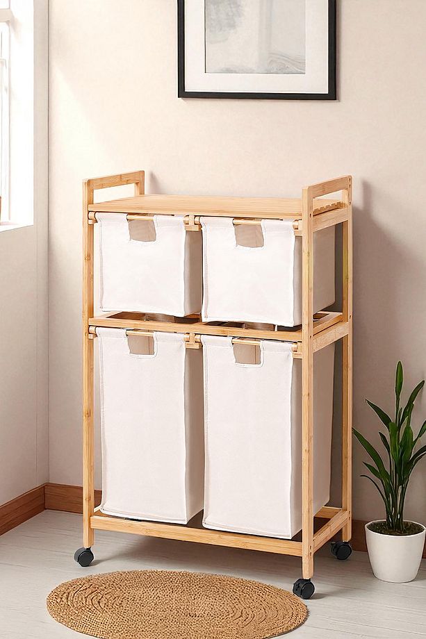 Bambu 4 Bölmeli Kirli Sepetli Çamaşır Sepeti Raflı Banyo Düzenleyici DB-0018 - 1