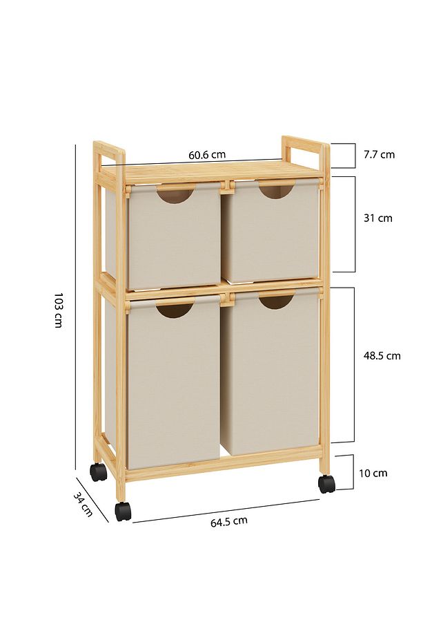 Bambu 4 Bölmeli Kirli Sepetli Çamaşır Sepeti Raflı Banyo Düzenleyici DB-0018 - 5