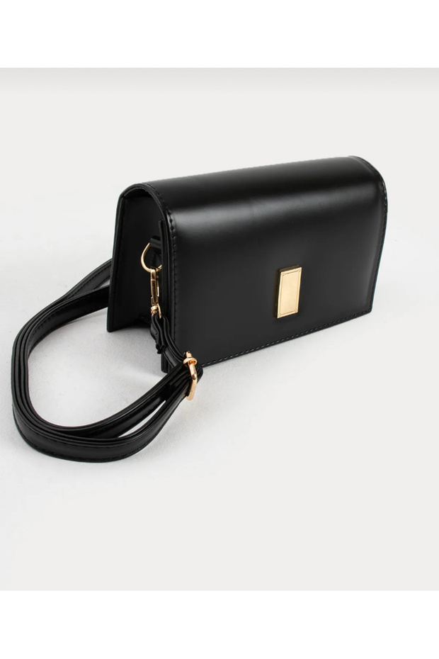 Women's Black Gold Buckle Detailed Leather Hand and Shoulder Bag