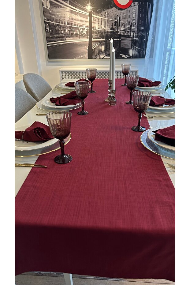 Keten Dokulu Şarabi Bordo Runner Dertsiz Kumaş 1 Ad Runner - 5