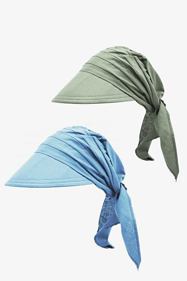 Women's Tie-Up Brim Scarf Bandana Beach Hat 2 Pack Khaki/Blue