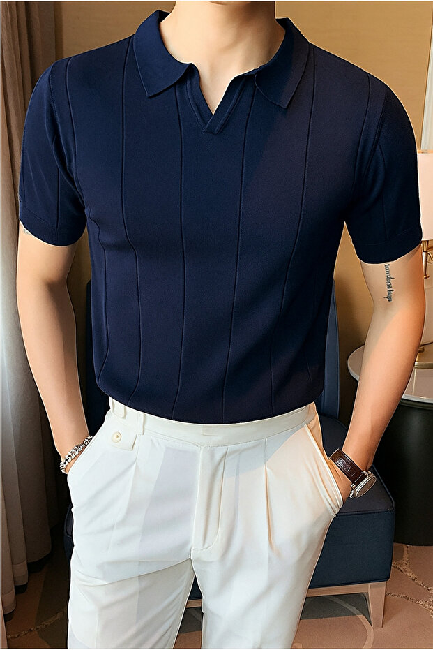 Men's Navy Blue Striped Polo Neck Slim Knitwear T-Shirt