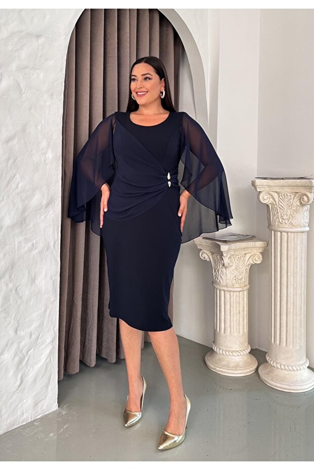 Women's Plus Size Crew Neck Drape Chiffon Detail Brooch Midi Stretchy Evening Dress 24860