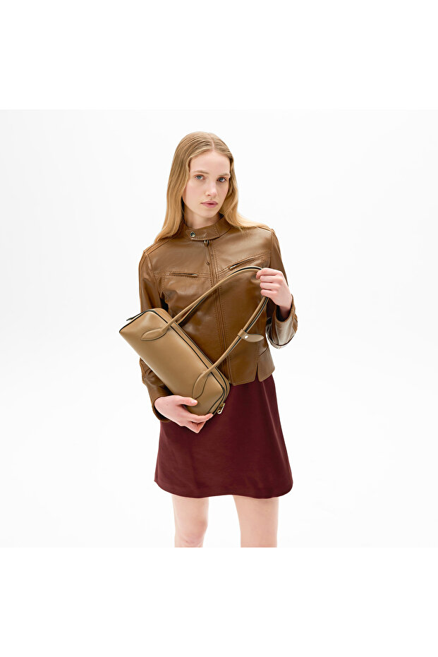 Kadın Taba Deri Biker Ceket - 1