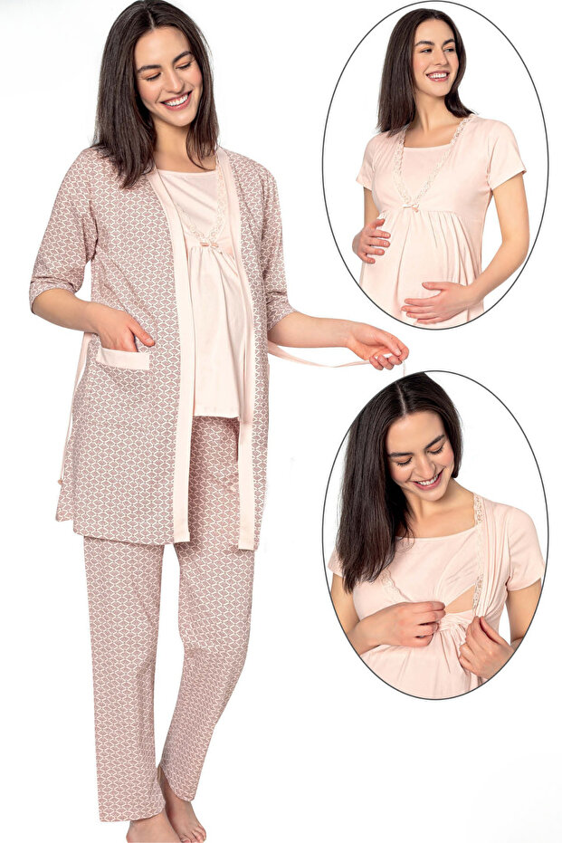 Women's Cotton Lycra Fabric Maternity and Pregnancy Short-Sleeved Pajama Set with Nursing Features 16119