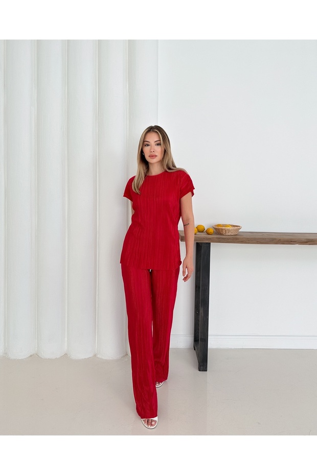 Women's Pleated Casual Blouse and Pocket Trousers Set