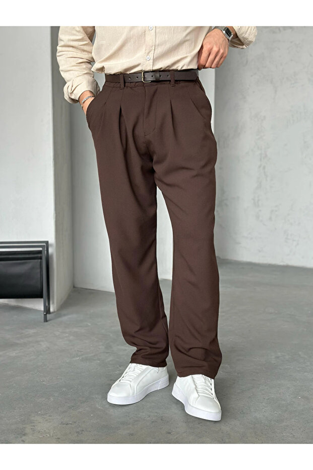 Bitter Brown Pleated Baggy Fabric Trousers