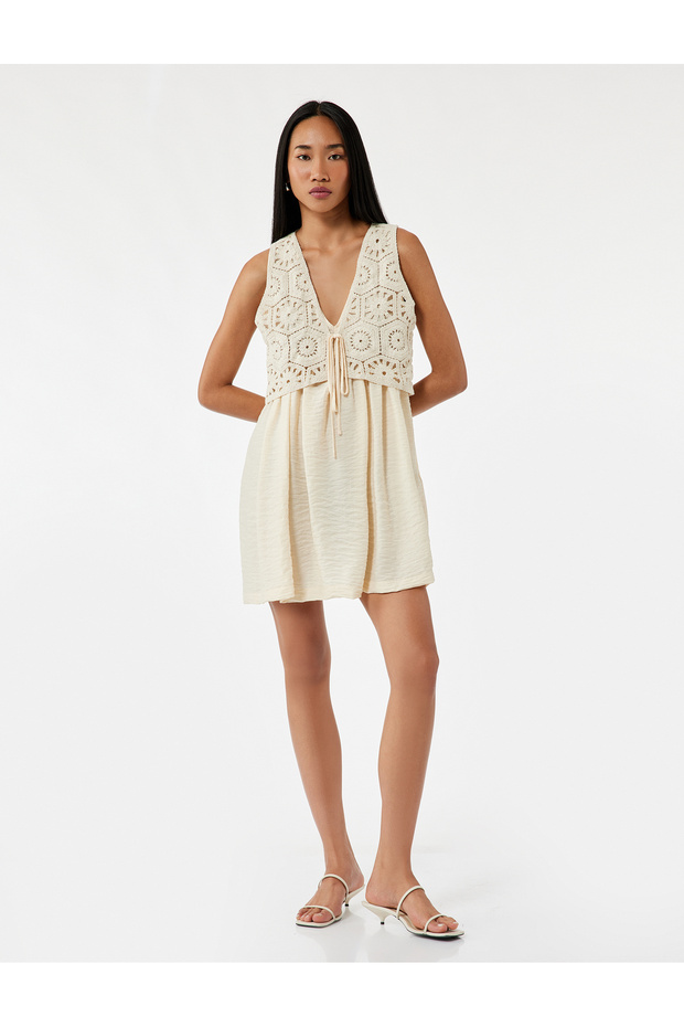 V Neck Sleeveless A-Line Mini Crochet Detail Viscose Dress