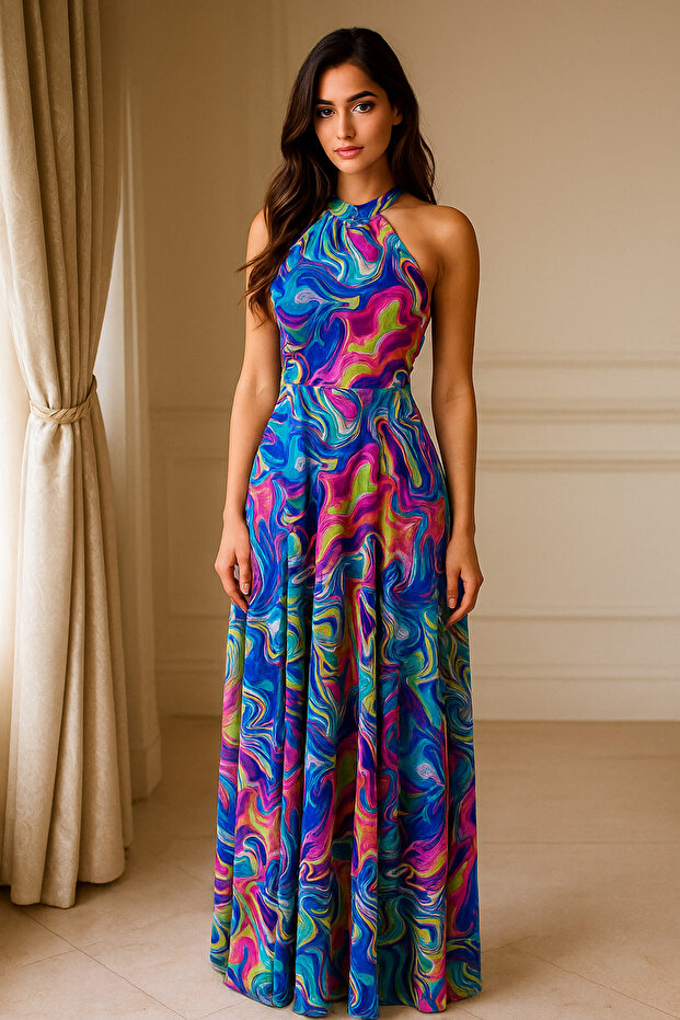 Halter Neckline Tulle Detail Long Evening Dress