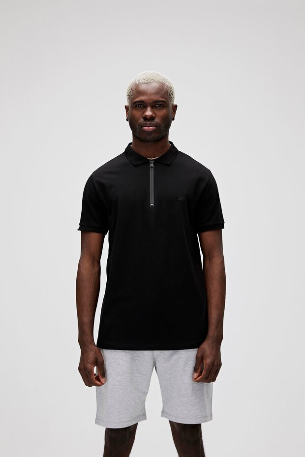 Cord black polo collar zippered men's t-shirt