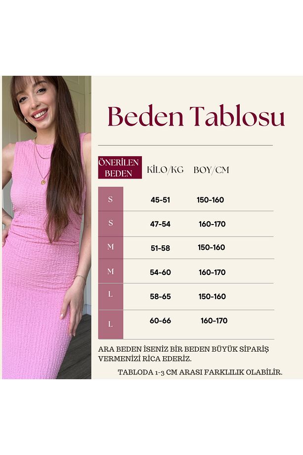 Gofre Kumaş Pembe Midi Elbise - 4