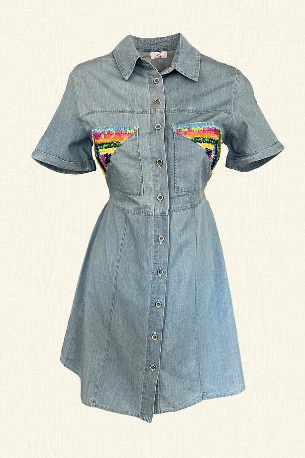 Renkli Üçgen İşlemeli Açık Renk Mini Jean Elbise - 2