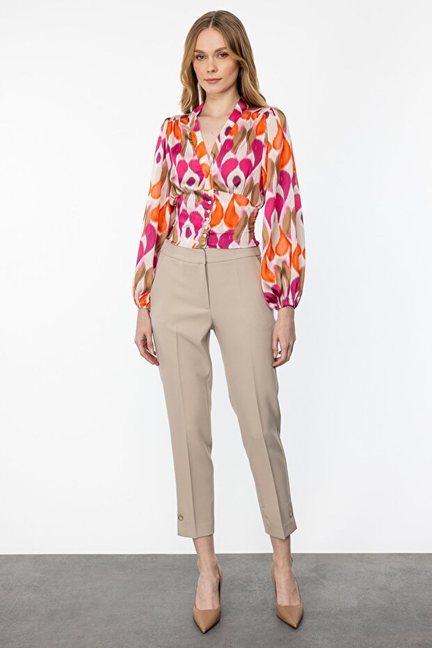 Orange V-Neck Patterned Buttoned Blouse - 2
