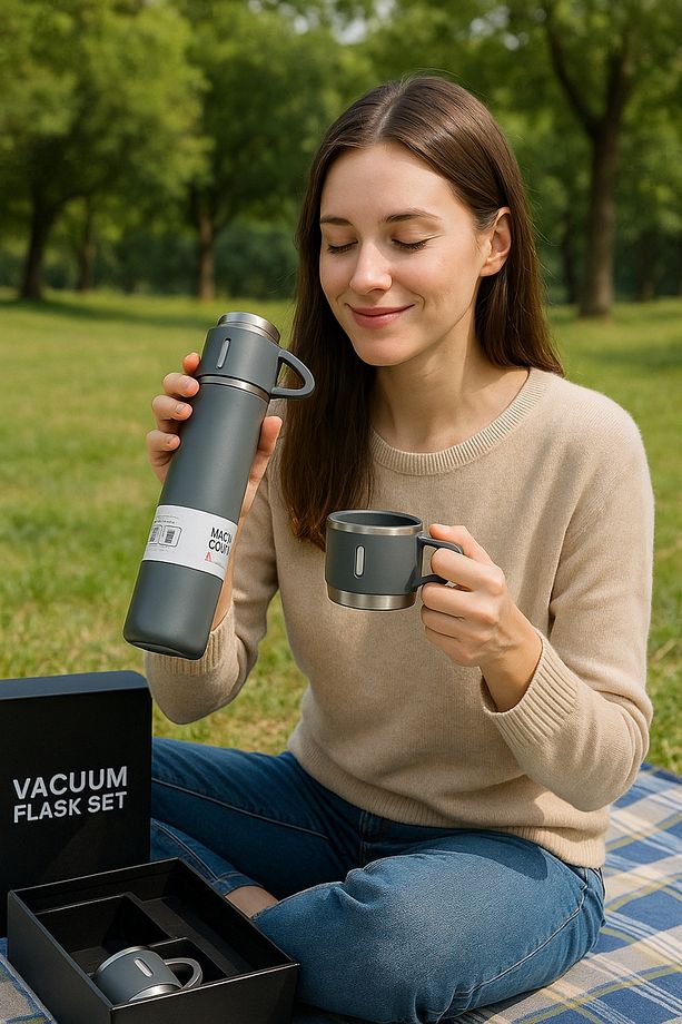 Çelik Vakumlu Termos ve 3 Bardak Seti 500 ml Hediye Kutulu - 2