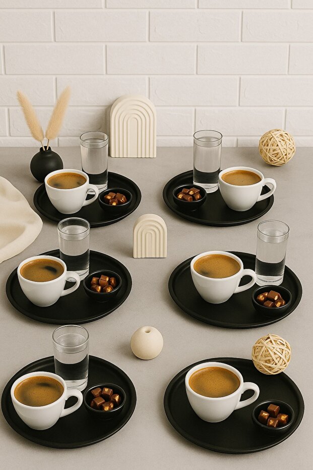 6 Pieces 22 cm Black Metal Round Tea, Coffee, Pastry, Serving Tray