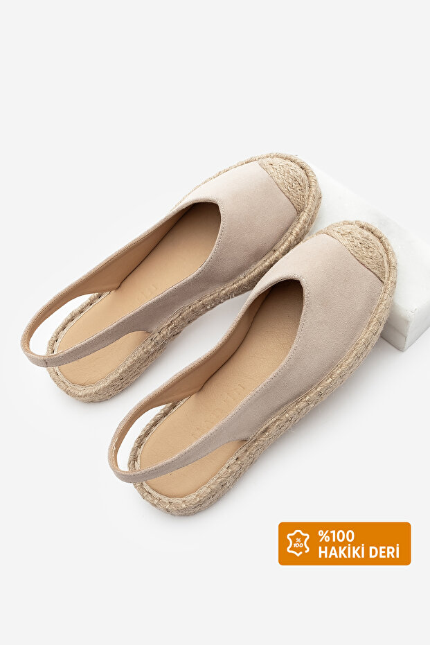 Women's Genuine Leather Open Back Jute Espadrille Sandals Konlep Beige Suede