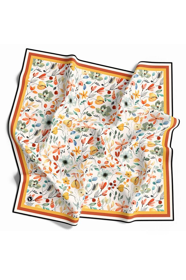 Kristal Bahar Çiçekleri Desenli Taba Renkli 90x90 Eşarp (İPEK IÇERMEZ) Kenar Dikiş Şekli El Dikişli - 2