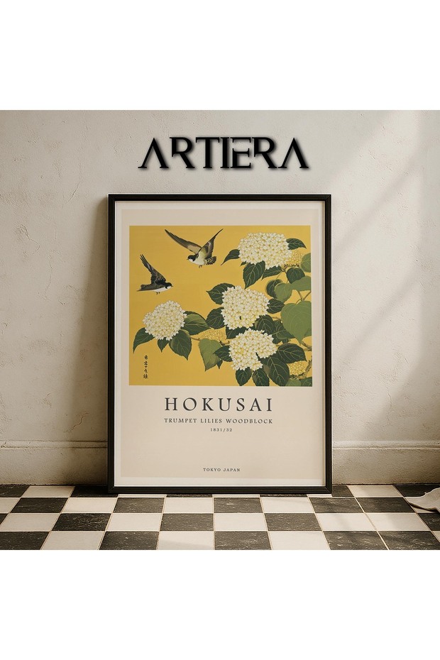 Hokusai Çiçekler – Modern Japandi Sanatı Sarı Çiçek Botanik Ahşap Çerçeveli Duvar Tablosu - 1