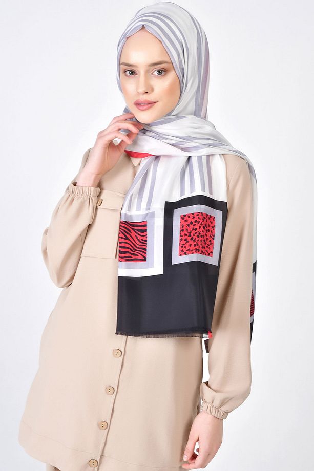 Kadın Kare Desenli %100 Saf Ipek Şal Siyah - 1