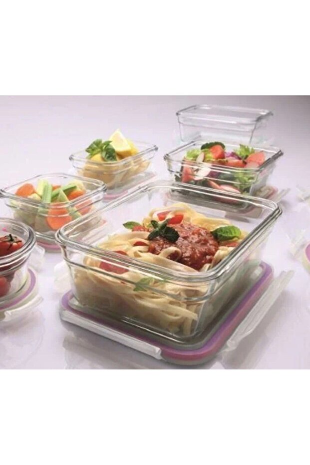 Rectangular Glass Storage Container 1000 ml Pink Lid Lock Food Container - Microwave Safe - 3