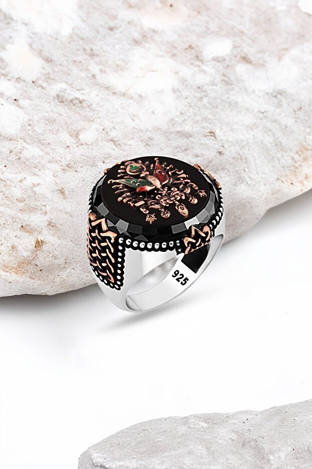 Onix Taşlı Osmanlı Devlet Armalı Gümüş Erkek Yüzük - 1