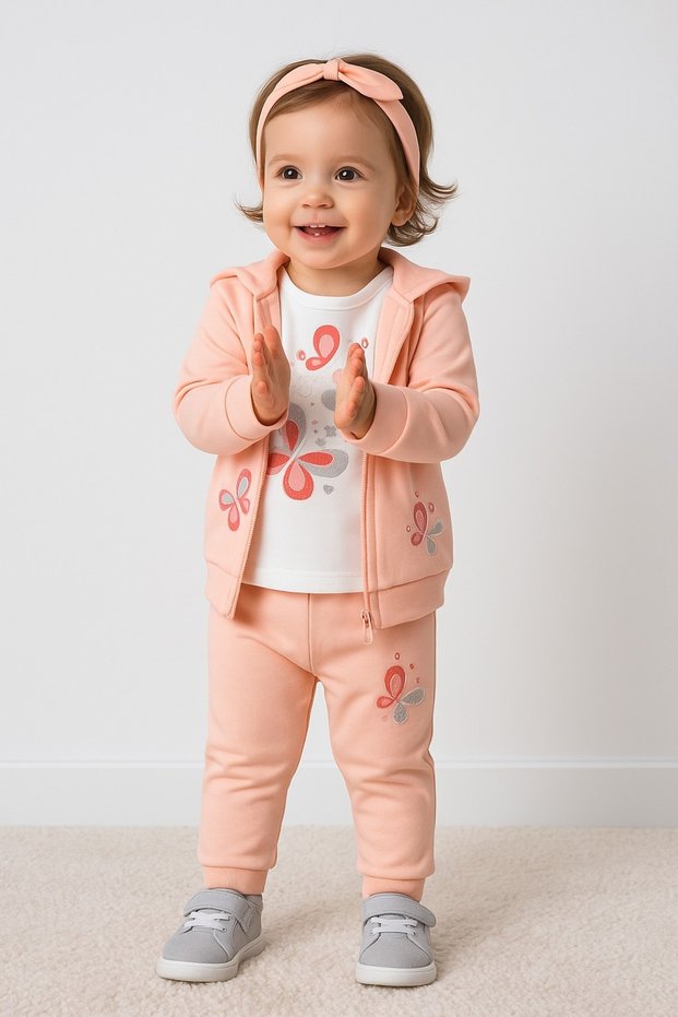 SILICONE BUTTERFLY PRINTED HOODED TWO-STRING SEASONAL BABY GIRL 3-PIECE SUIT
