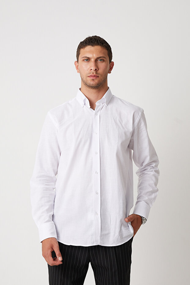 White Men's Linen Texture Shirt – 100% Cotton, Long Sleeve, Regular Fit, Stand Collar