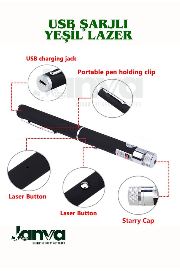 Usb Şarjlı Ultra Yeşil Lazer Kalem Başlıklı Yeşil Lazer Pointer Turbo Işın Yeşil Laser Pointer - 6