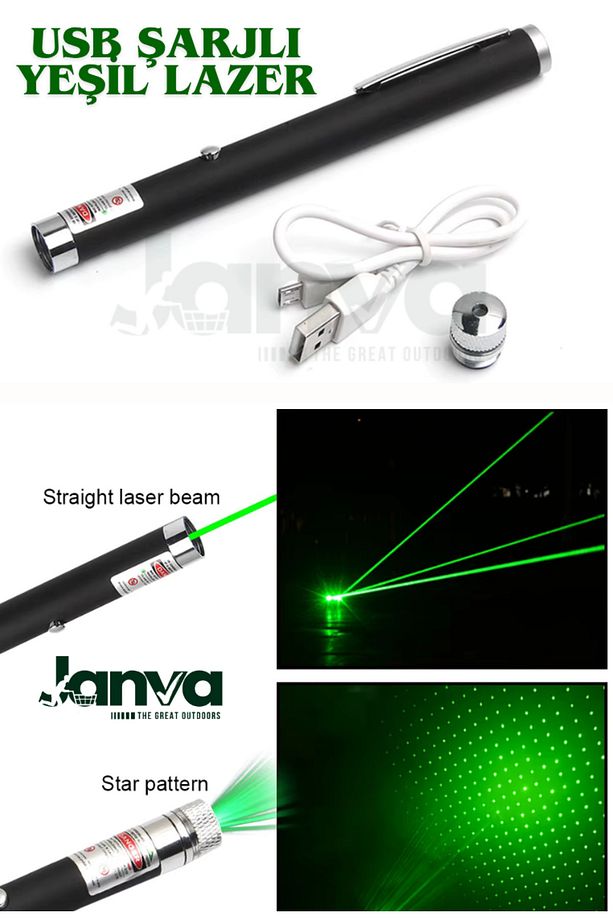 Usb Şarjlı Ultra Yeşil Lazer Kalem Başlıklı Yeşil Lazer Pointer Turbo Işın Yeşil Laser Pointer - 2