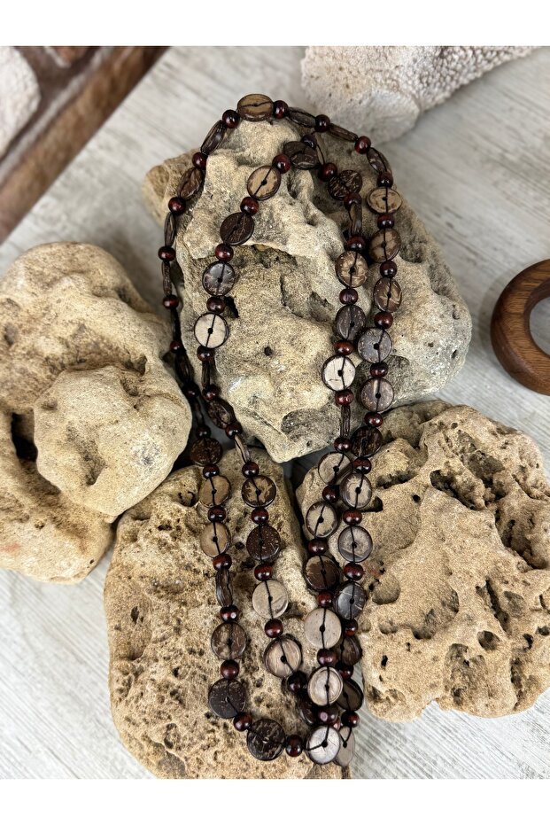 Ahşap boncuklu uzun kolye takı - 2