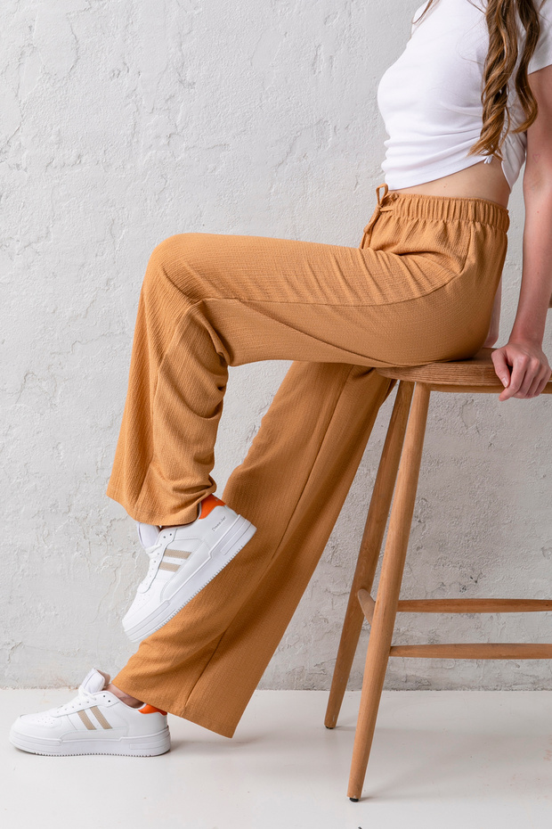 Women's Mink High Waist Elastic Waist Lace up Stretchy Wide Leg Palazzo Wrinkle Women's Trousers