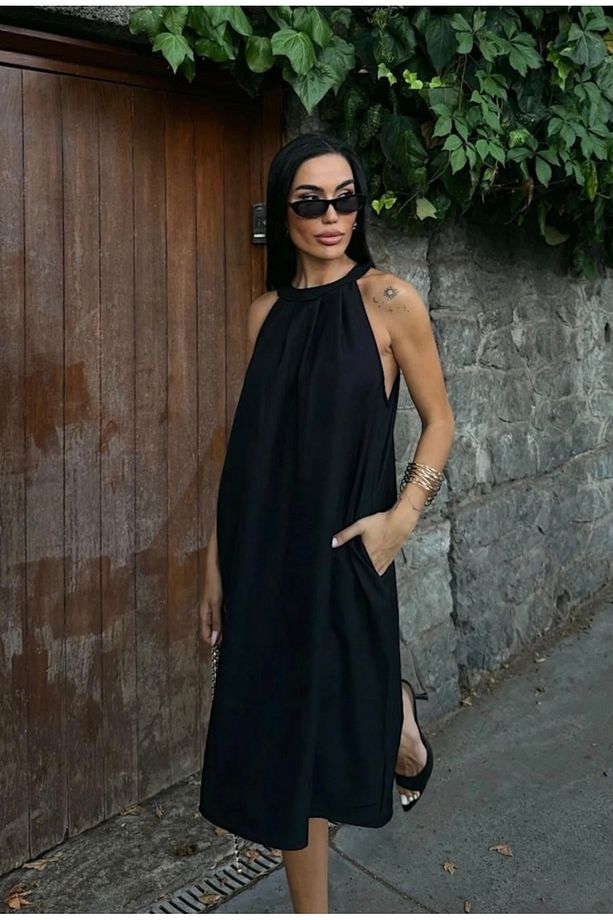 Kadın Halter yaka dökümlü siyah midi elbise - 1