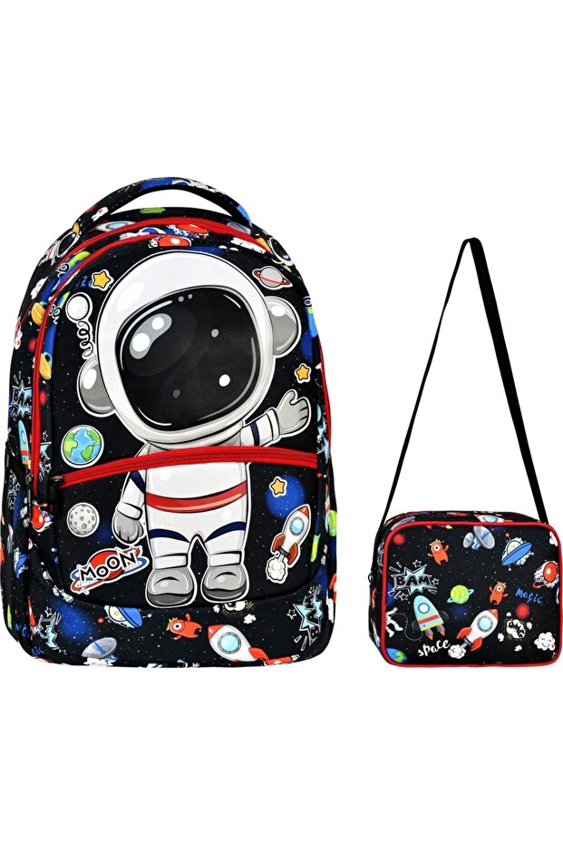 حقيبة ظهر للمدرسة الابتدائية منقوشة على شكل رائد فضاء + صندوق غداء (2301) - 2