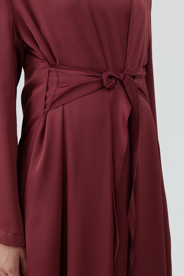 Bedenden Kuşaklı Elbiseli Takım - Bordo - 6
