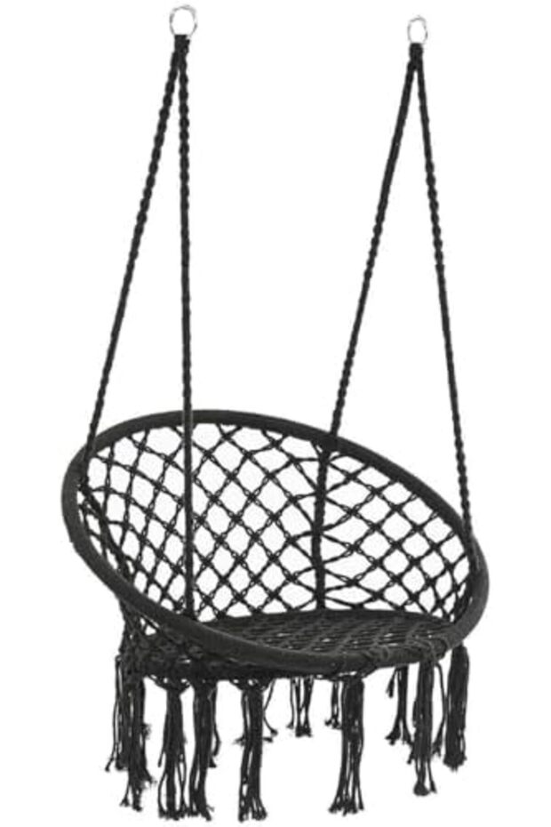 Hammock Chair, Hanging Swing with Macrame and Cushion, Max 330 Lbs, Beige Hanging Cotton Rope Chair