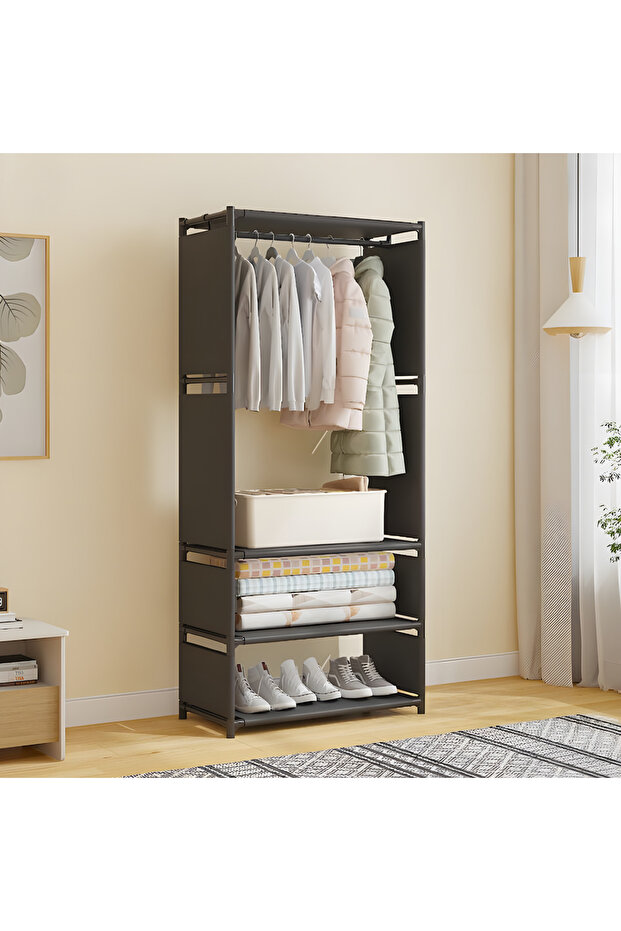 Freestanding Metal Wardrobe Storage Rack Clothes Organizer with Hanging Rod and Shelves