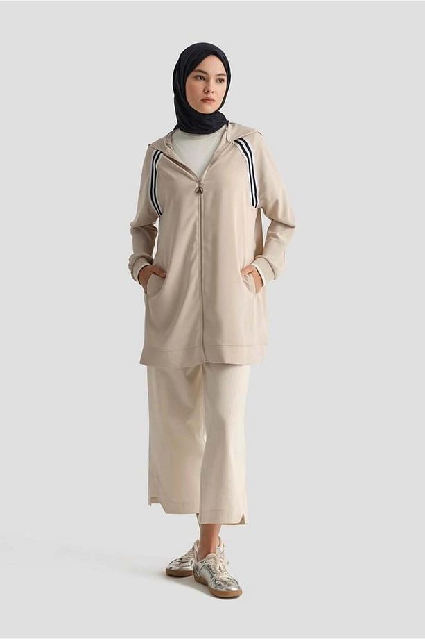Trend Boydan Fermuarlı Kapüşonlu Tunik 25YT409 - Taş - 2