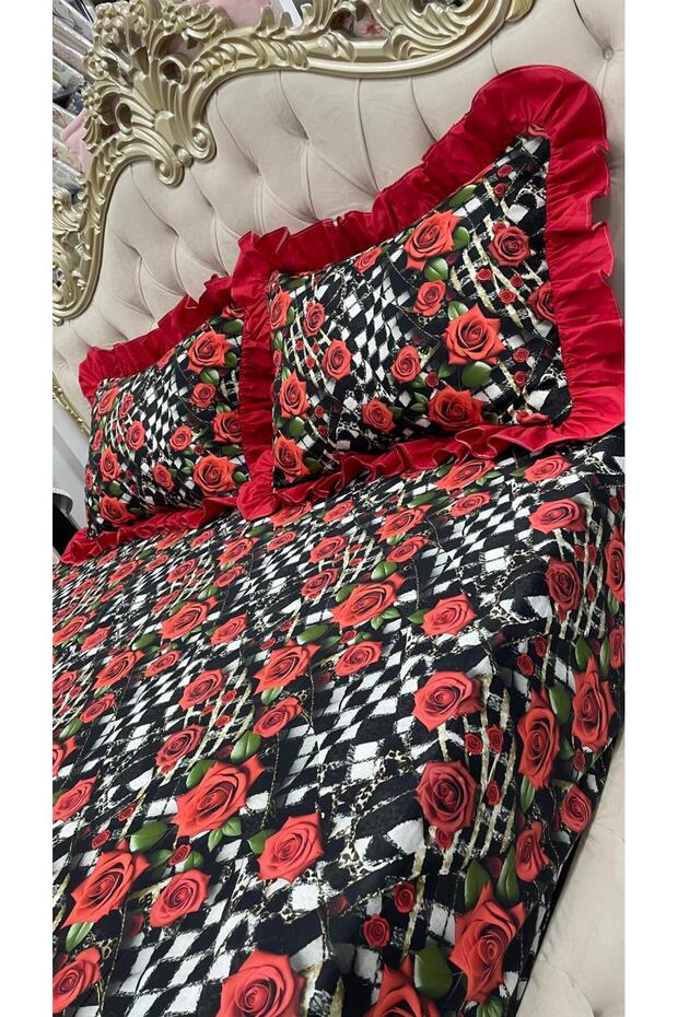 Fitted Sheet and 2 Pillowcases with Ruffles for Bed 160X200 cm in 5 D Digital Fabric