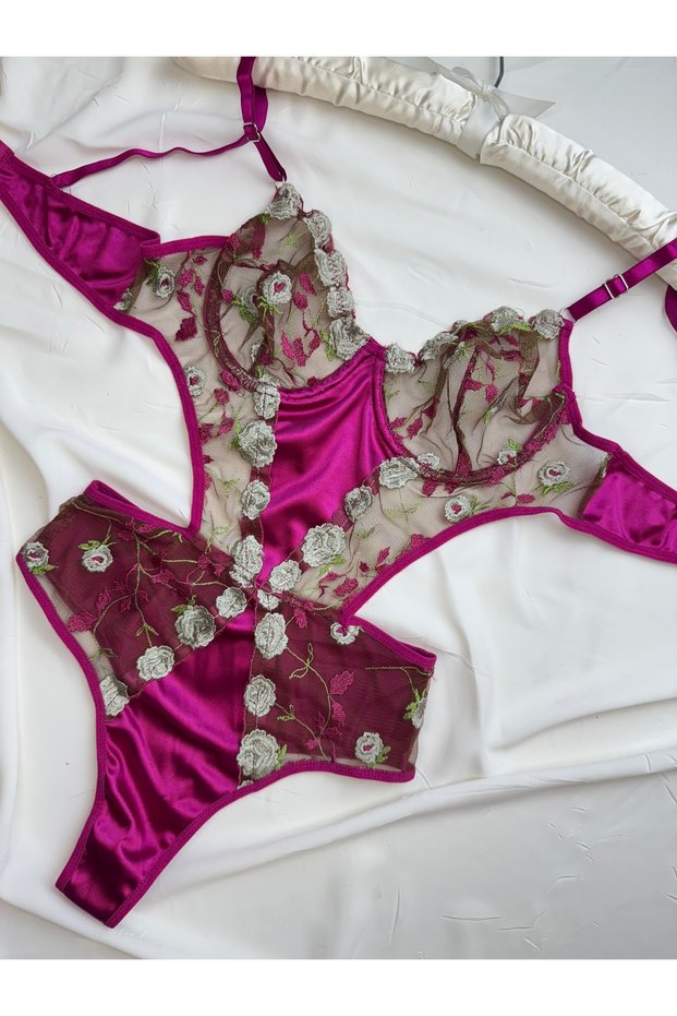 Purple Lace Floral Embroidered Satin Detailed Transparent Bodysuit