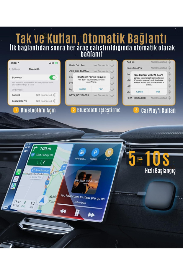 Wireless CarPlay ve Android Auto Dönüştürücü | Netflix & YouTube Destekli 3 in 1 AI Box Lite - 6