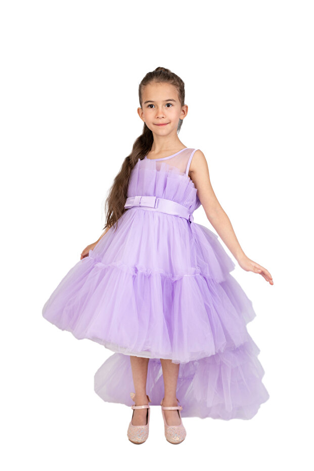 Toddler Girls Bow Front Ruffle Hem Mesh Gown Dress Purple with long tail