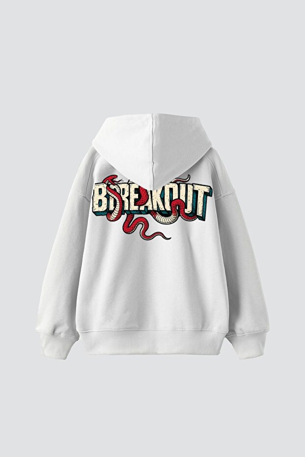 Breakout Printed Oversize Unisex White Hoodie