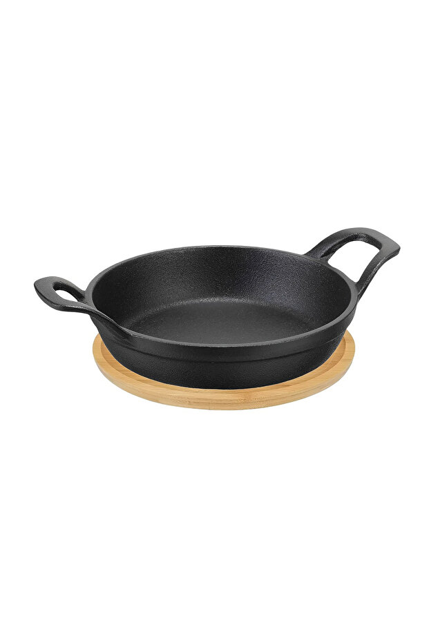 Cast Iron Mini Round Skillet with Wooden Sizzler Plate, 18cm - Perfect for Sizzling and Grilling