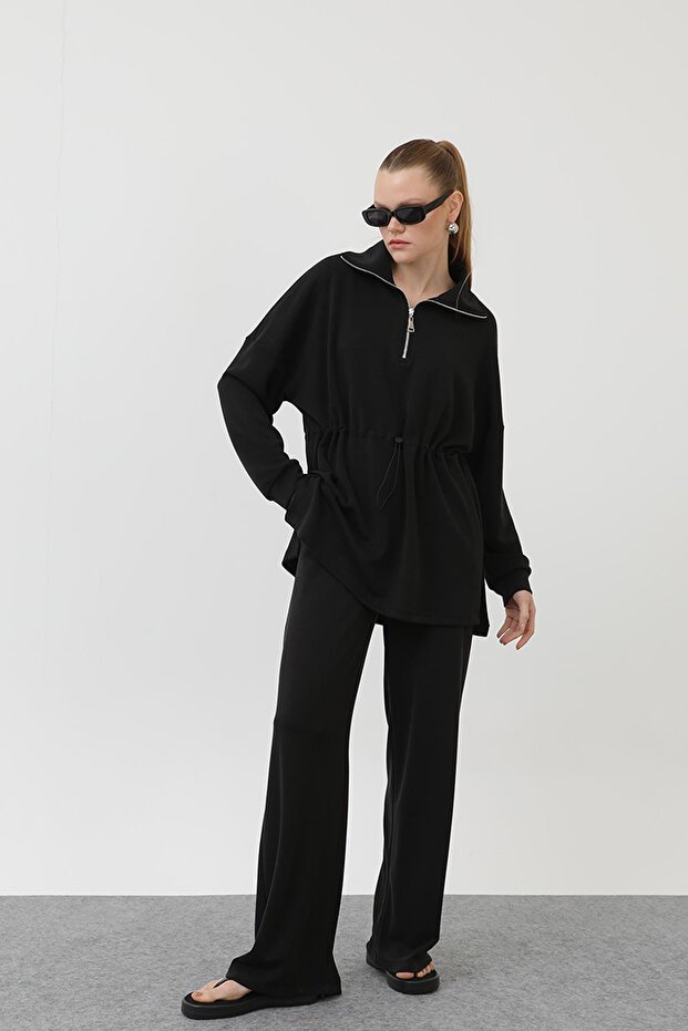 Women's Waist Elastic Detailed Collar Zippered Suit - 20608Tkm